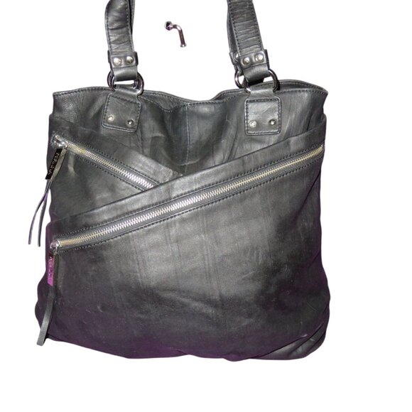 Perlina Black Supple Soft Leather Large Hobo Handbag with zipper accents - Picture 1 of 7